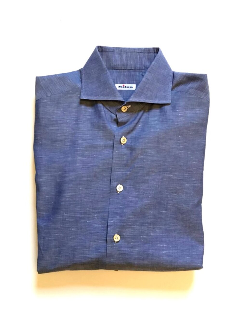 KITON Button Down Sport Dress Shirt Mens 40 15.5 Blue Cotton Linen Long Sleeve